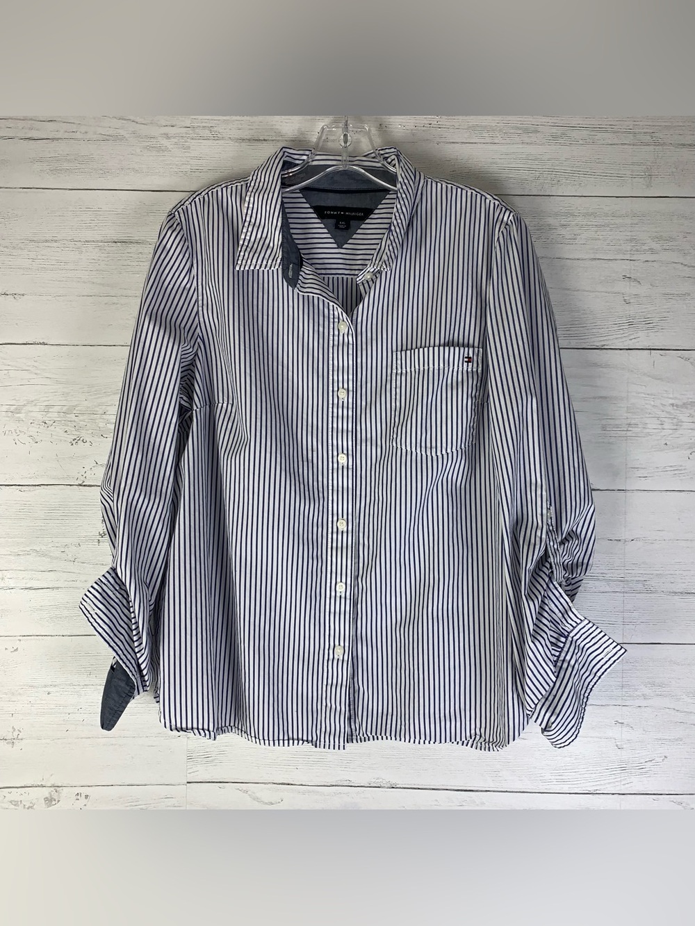 Tommy Hilfiger Womens Striped Button Up Top Long Roll Tab Sleeve white/blue L
